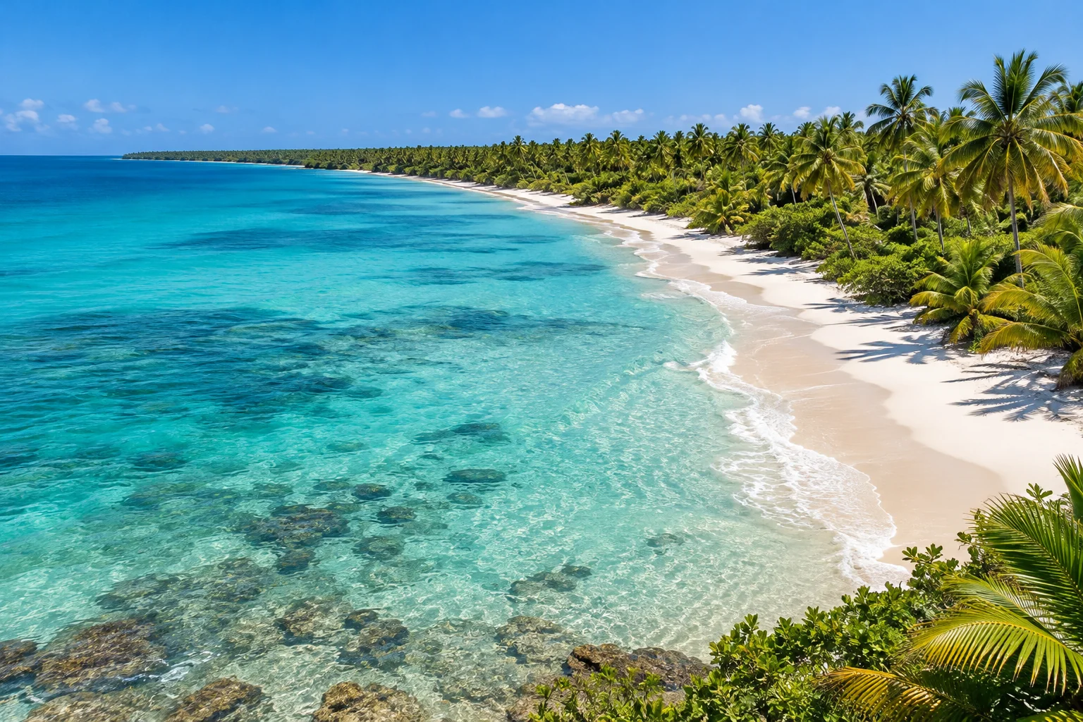 White sand, turquoise shallows and coastal palms: a representative scene, not a map or confirmation of a particular landing site.