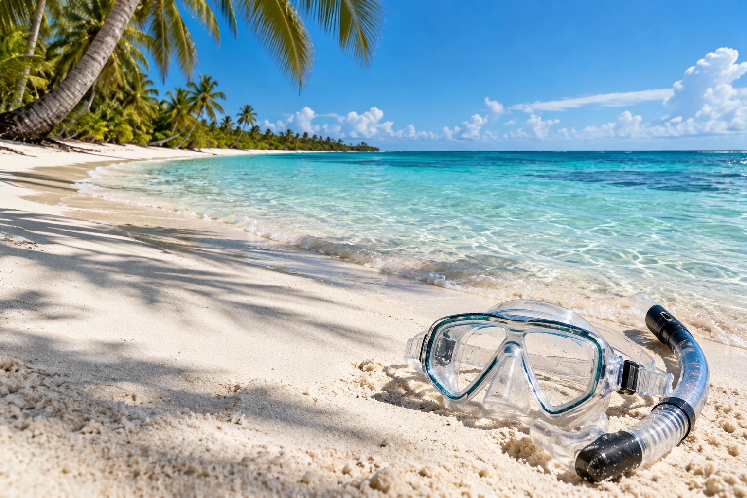 Mask and snorkel on white sand beside turquoise water. The image does not establish tour inclusions.
