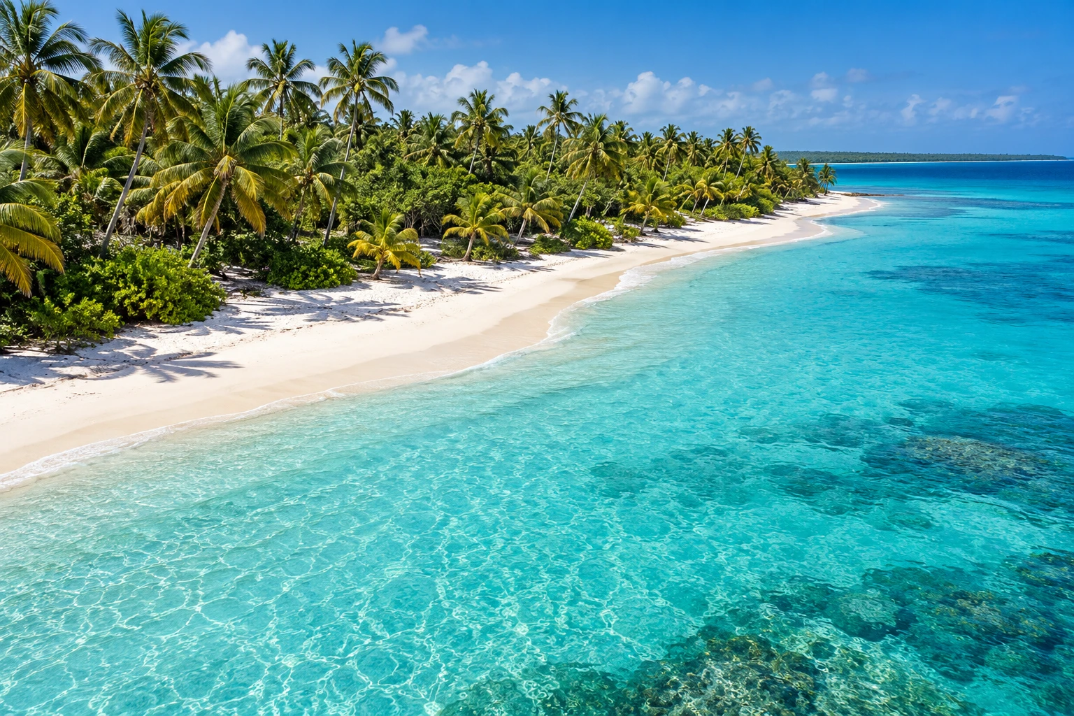 Aerial-style view of a white-sand coastline and transparent turquoise shallows