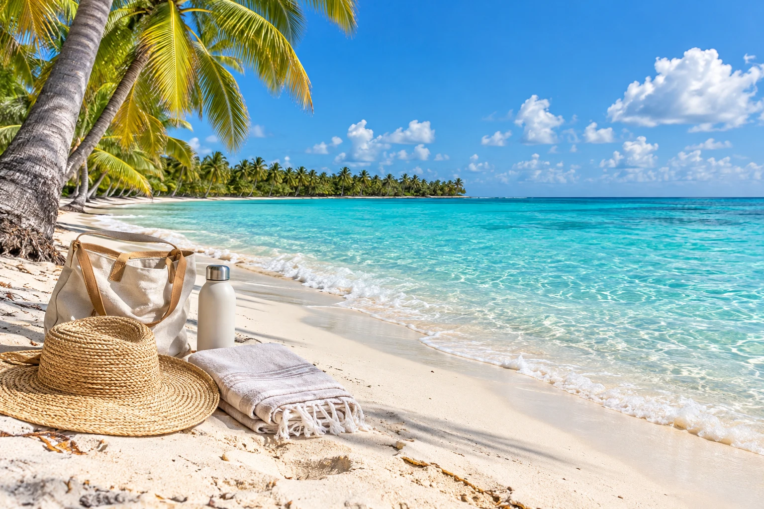 Sunhat, beach bag, towel and reusable water bottle on white sand beside the turquoise sea
