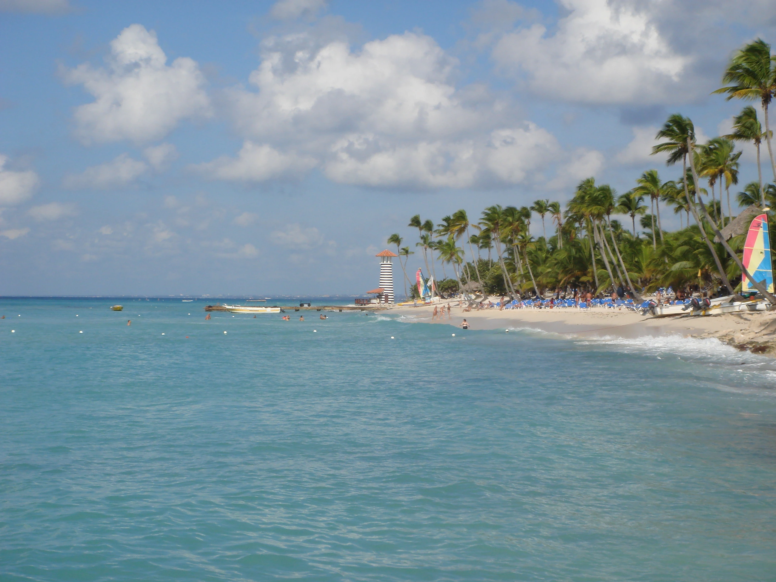 A palm-lined white beach curves beside blue Caribbean water on the Saona excursion route.