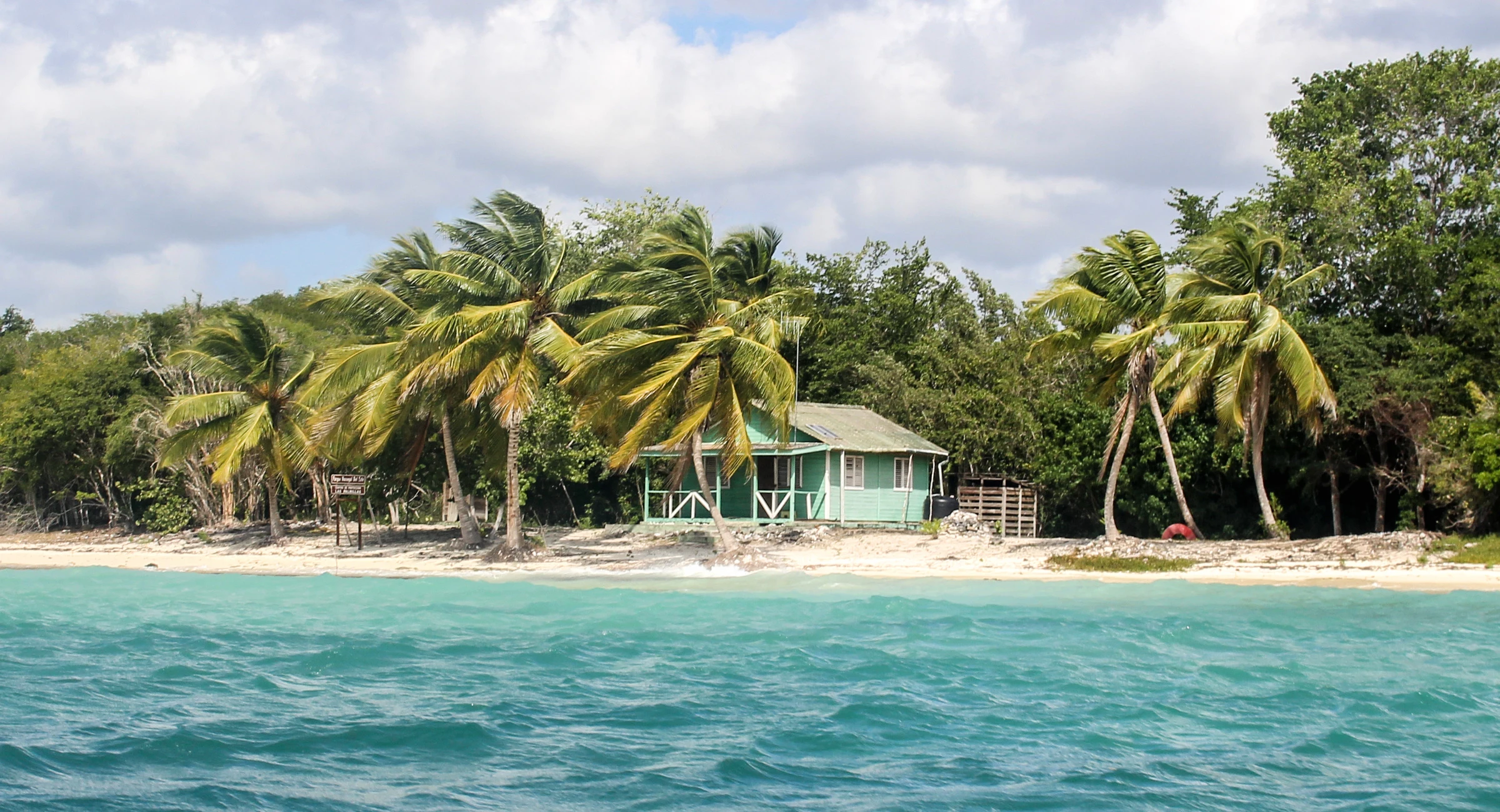 Una piccola casa da spiaggia verde sotto le palme da cocco di Saona, vista dal mare turchese.