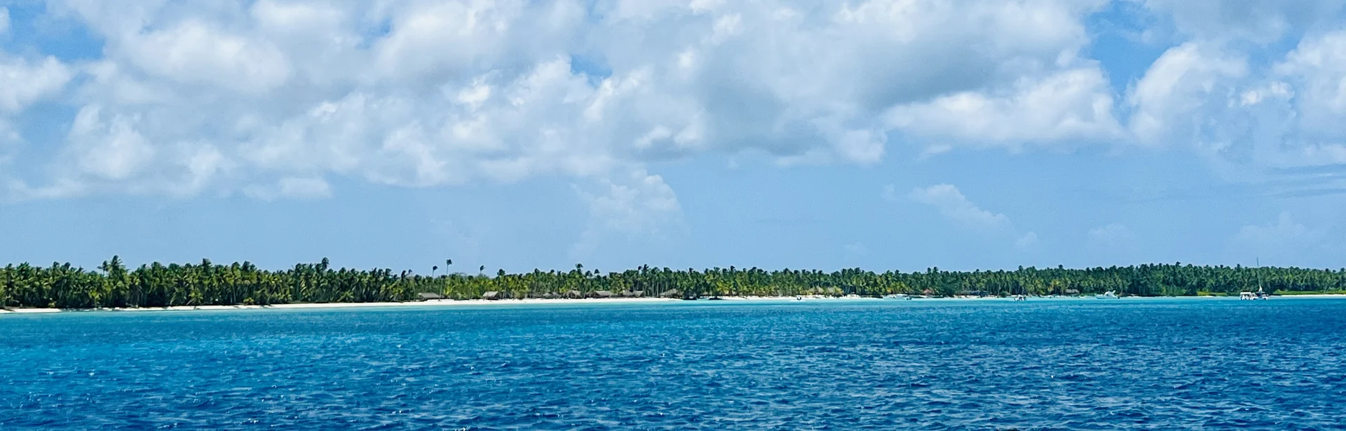 Vista panoramica sulle acque blu intenso dei Caraibi verso la spiaggia chiara e le palme da cocco di Saona.