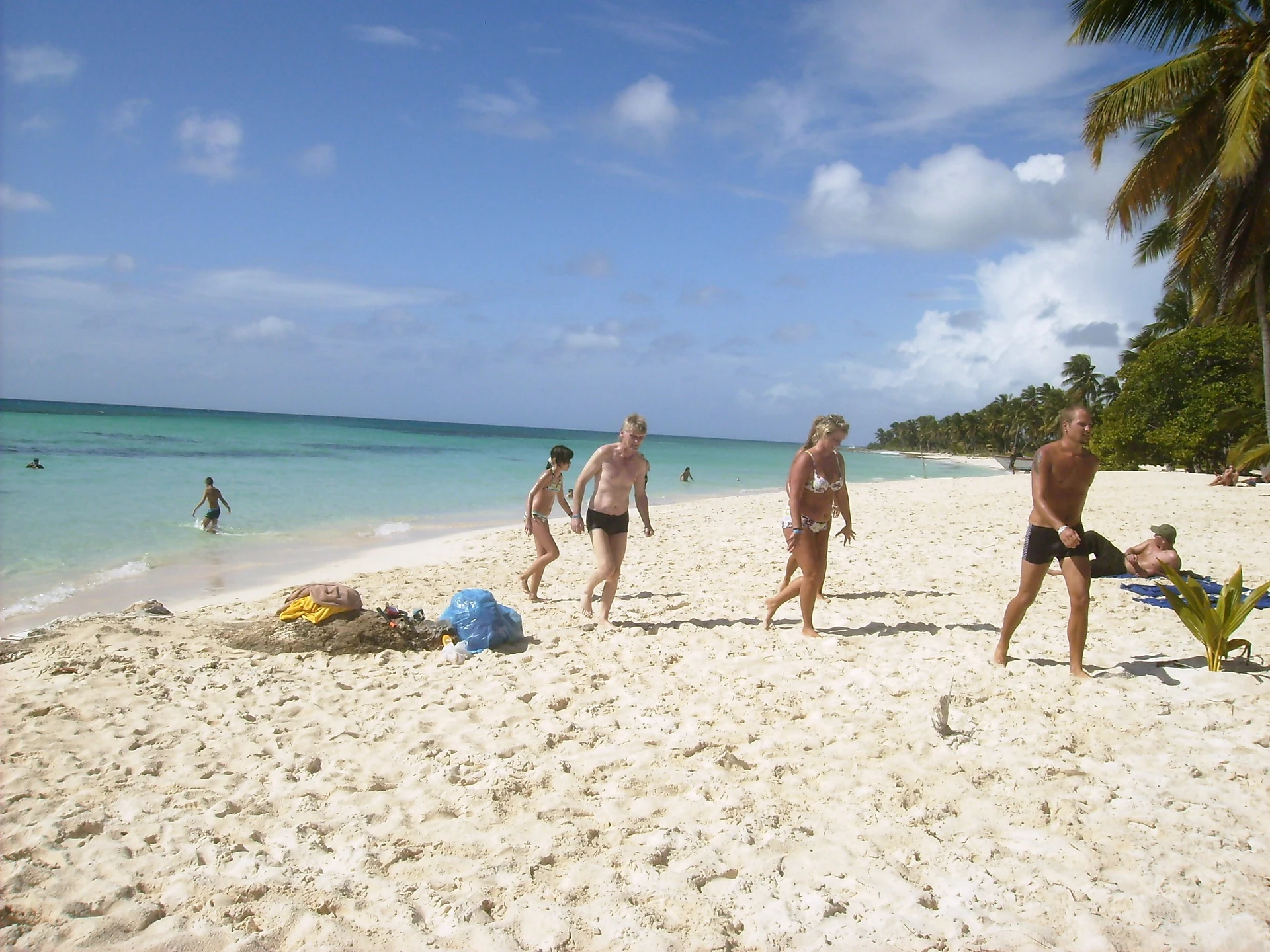 Un’ampia spiaggia bianca curva accanto all’acqua turchese dei Caraibi e alle palme da cocco, con visitatori che si godono l’isola di Saona.