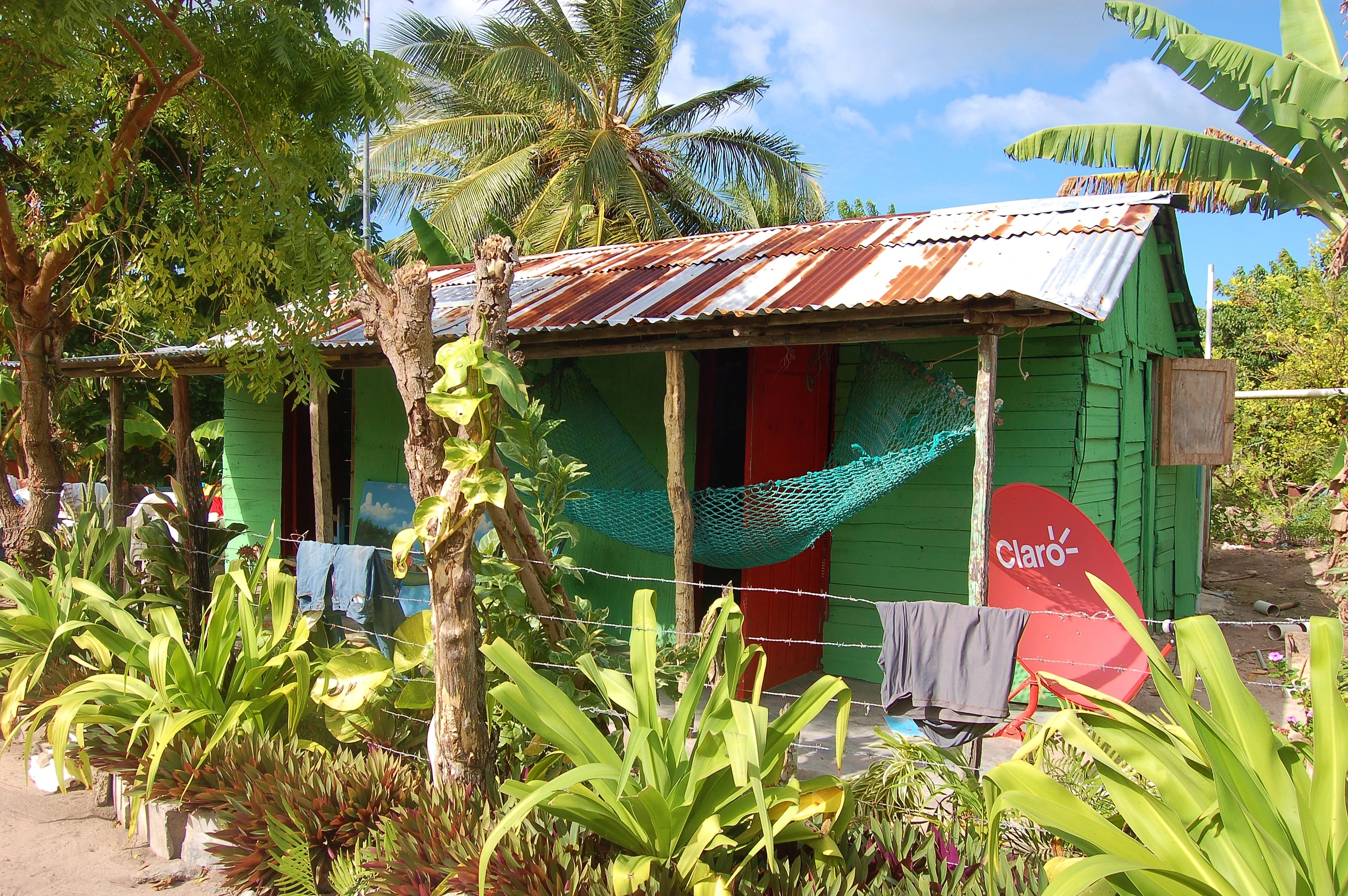 Una casa di legno verde dal tetto rosso sorge fra le palme a Saona.