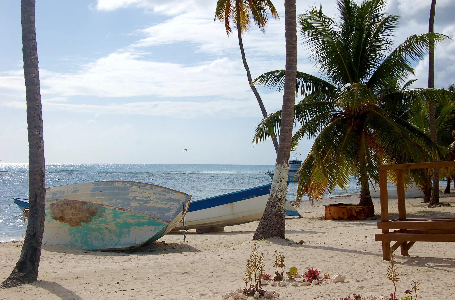 Due barche di legno segnate dal tempo riposano sulla sabbia chiara sotto le palme da cocco dell’isola di Saona.