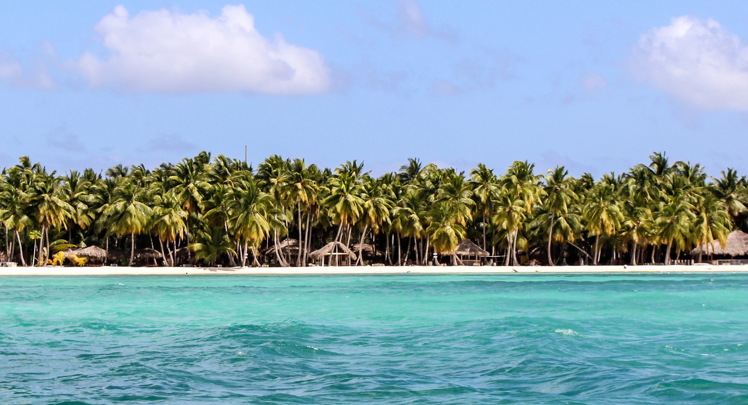 Eine dichte Reihe Kokospalmen erhebt sich über einem schmalen weißen Saona-Strand hinter klarem türkisfarbenem Wasser.