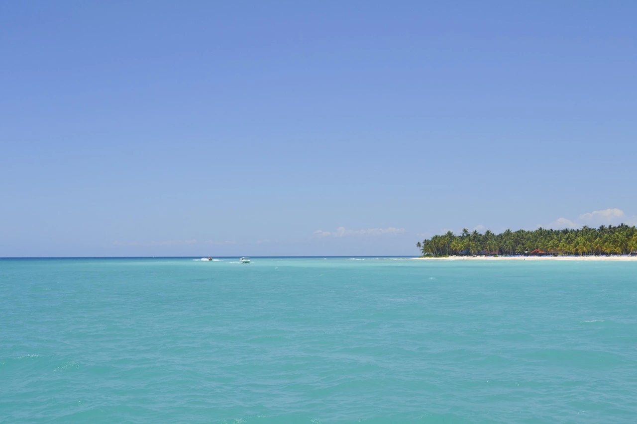 Un’ampia distesa d’acqua turchese arriva a una spiaggia lontana di Saona bordata di palme, con piccole barche vicino alla riva.