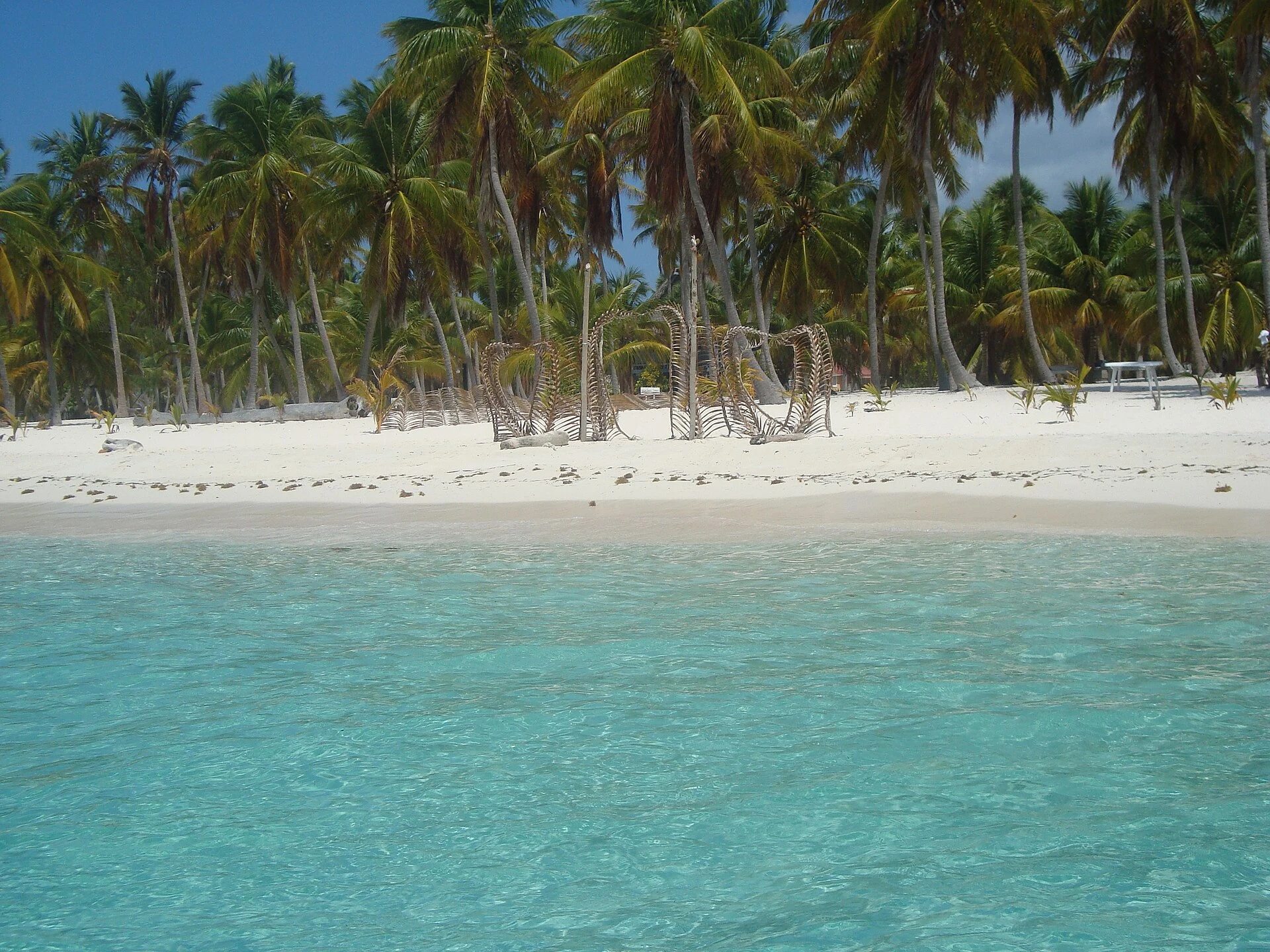 Mar turquesa junto a una playa de arena blanca de Saona bordeada de cocoteros