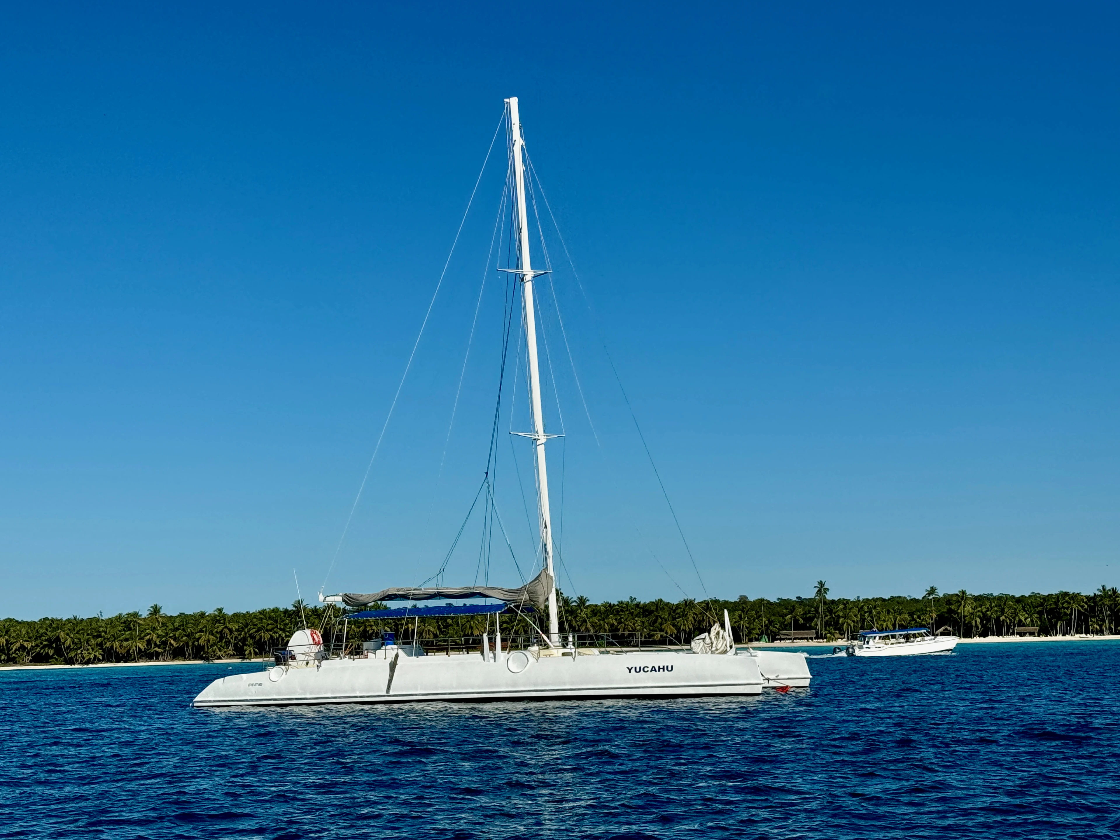 A sailing catamaran on deep blue water off Saona