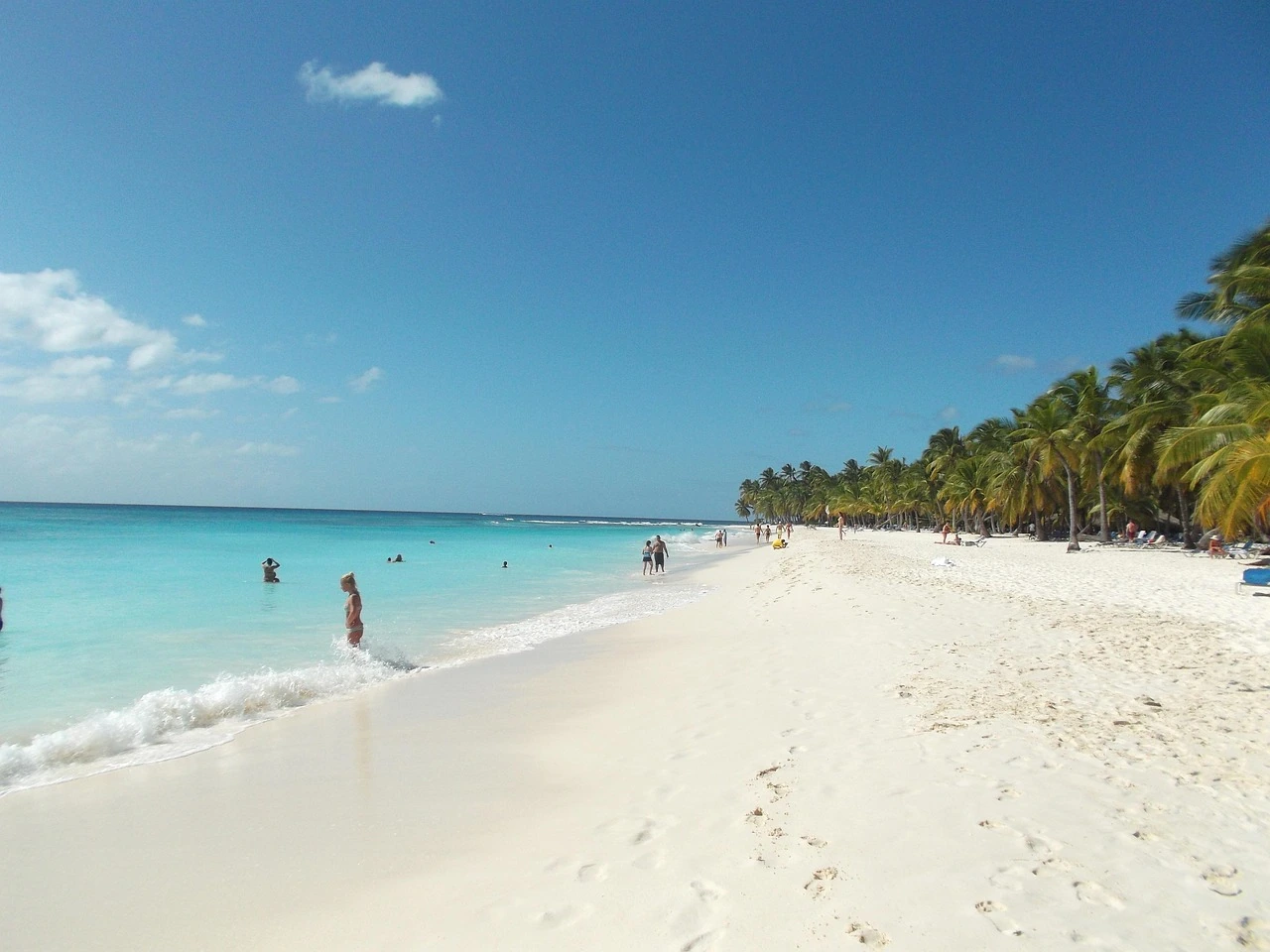 I visitatori camminano nell’acqua turchese tenue accanto a un’ampia spiaggia di sabbia bianca di Saona, con palme da cocco lungo la riva.